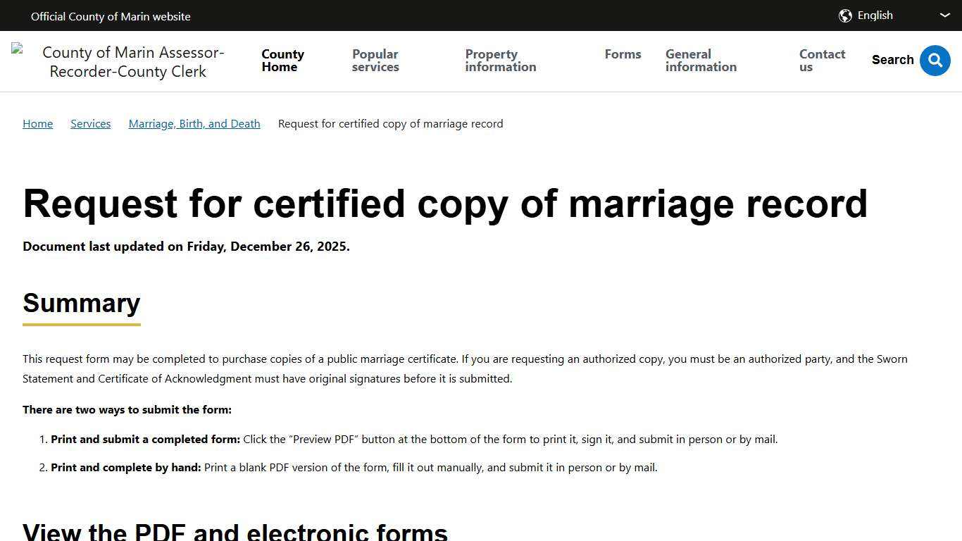 Request for certified copy of marriage record County of Marin Assessor-Recorder-County Clerk